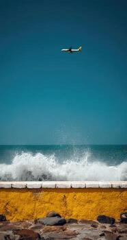 A plane flying over the ocean with a wave crashing into the shore photo