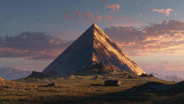 An image of a pyramid with a sunset in the background photo