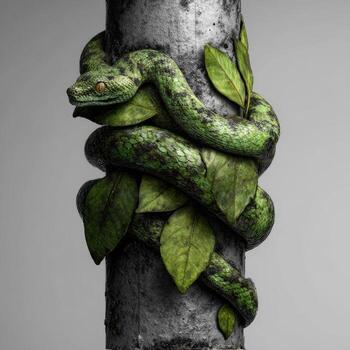 A snake wrapped around a tree trunk with leaves photo