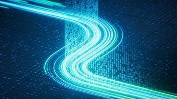 Flowing neon lines with binary data background,3d rendering. video