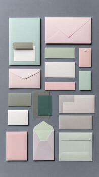 Various pastel colored envelopes and envelopes on a gray background photo