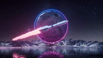 en Plats raket landning med planet bakgrunder, 3d tolkning. video