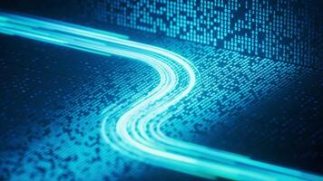 Flowing neon line with binary data background, 3d rendering. video