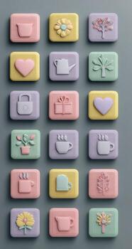 A set of colorful buttons with different objects photo