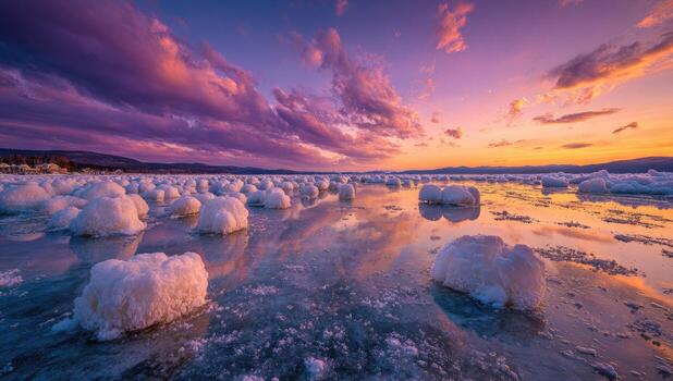 Ice blocks on the shore of a lake at sunset photo