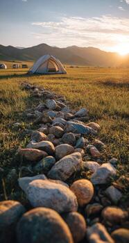 un tienda es conjunto arriba en un herboso campo con rocas y piedras foto