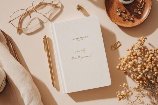 A notebook, pen, and glasses on a table photo