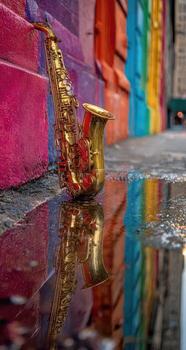 A saxophone sits on the ground next to a colorful building photo