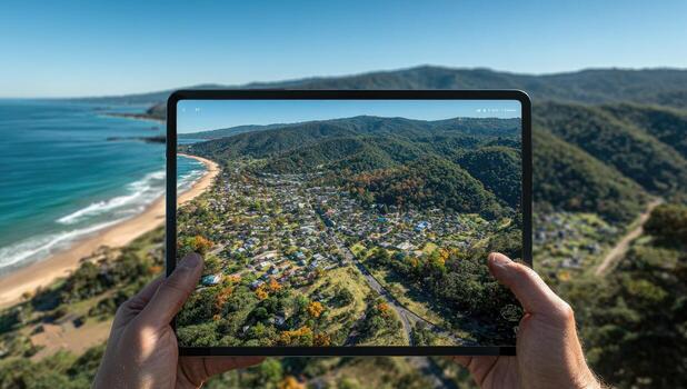 A man holding a tablet with a photo of a village on the top of a mountain