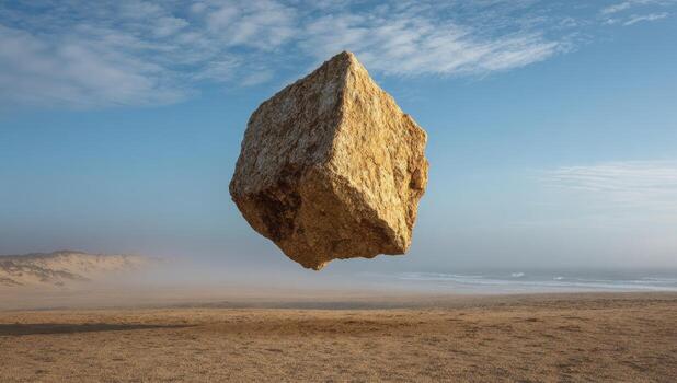 A large rock floating in the air on a beach photo
