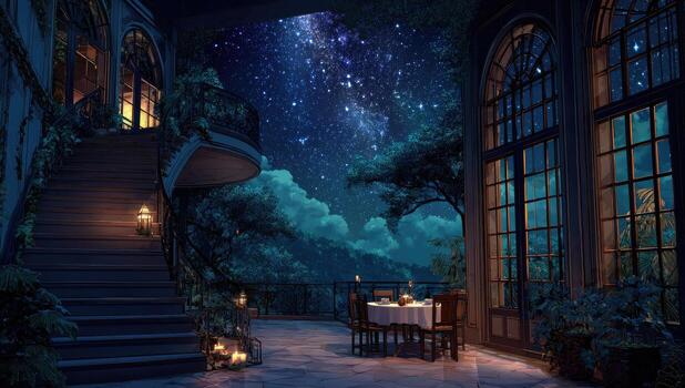 A room with a table and chairs in front of a window with a view of the night sky photo