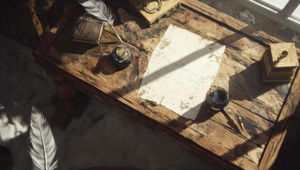 A desk with a pen and paper on it photo