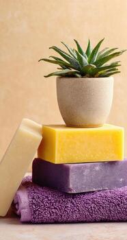 A stack of soap bars and a plant in a pot photo