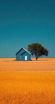 A blue house sits in a field with a tree photo