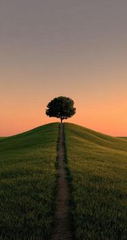 un solitario árbol soportes en un colina en el medio de un campo foto