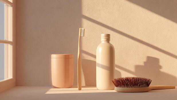 A bottle, brush and toothpaste are sitting on a table photo