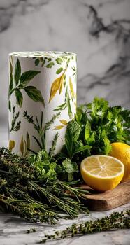 un limón, hierbas y un limón rebanada en un corte tablero foto