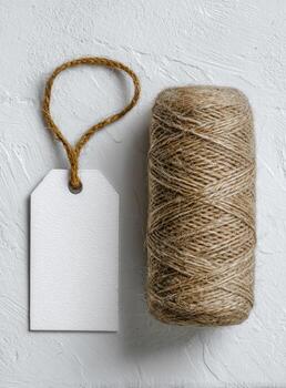 A spool of twine and a blank tag on a white surface photo