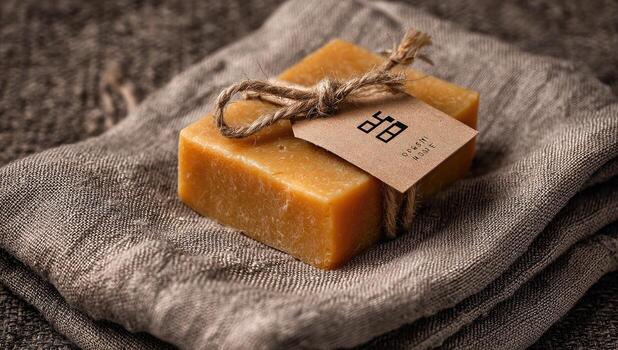 A soap bar wrapped in cloth with a tag photo