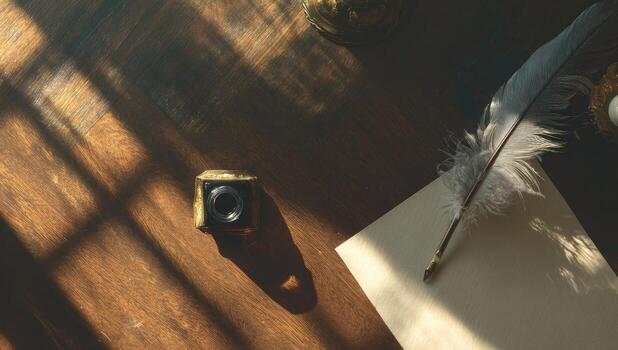A feather pen and a book on a table photo