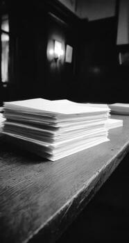 A stack of papers on a table in a black and white photo