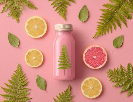 A pink bottle with a fern tree on top surrounded by lemons and oranges photo