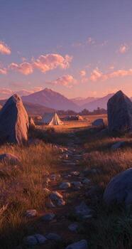 A scene of a tent in the middle of a field photo