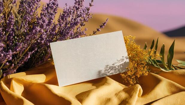 A blank card on a yellow cloth in the desert photo