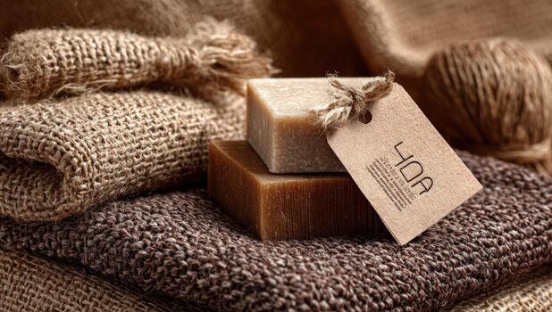 Soap and towels on a burlock cloth photo