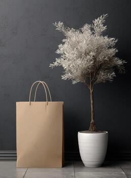 A paper bag and a tree in a pot on a grey wall photo