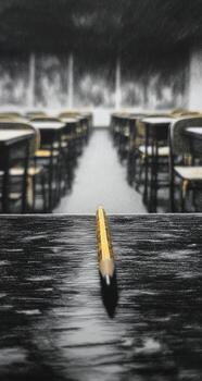 A pencil is sitting on a table in front of empty chairs photo