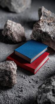 Two books are sitting on top of some rocks photo