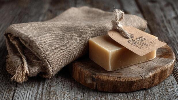 A bar of soap sits on a wooden table with a cloth bag photo