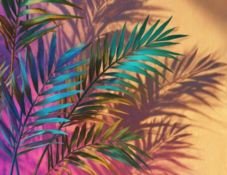 Palm leaves on a wall with a colorful background photo