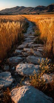 A stone path in a field photo