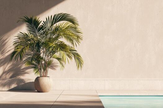 A potted palm tree next to a swimming pool photo