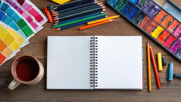 Notebook with colored pencils and paint on wooden table photo