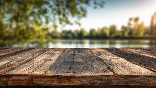 Wooden table with lake and trees in the background photo