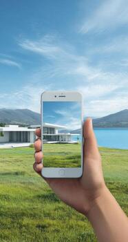 A person holding a smart phone with a landscape view photo