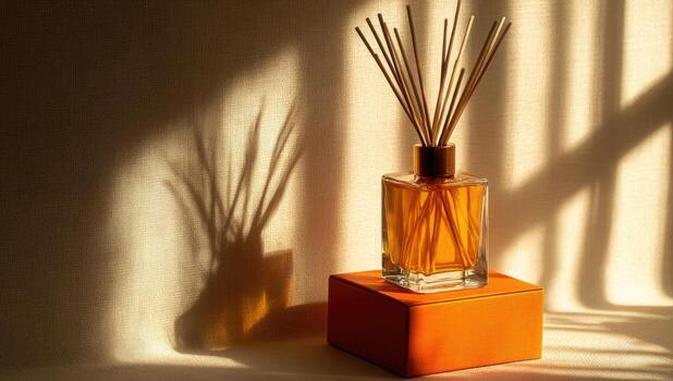 A vase with reed sticks on top of an orange box photo