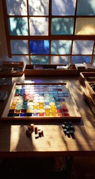 A table with a large window photo