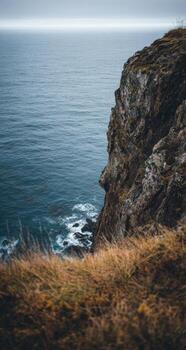 A cliff overlooking the ocean with grass and rocks photo