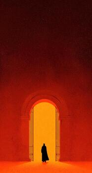 A man in a black suit standing in front of an open door photo