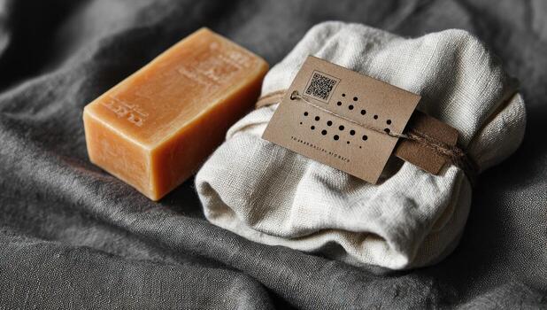 A soap bar and a towel on a cloth photo