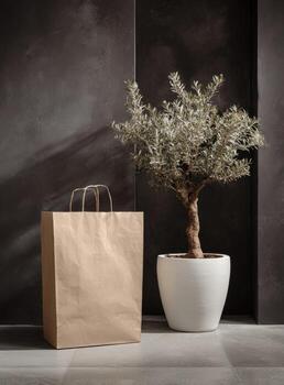 Paper bag and potted olive tree on black background photo