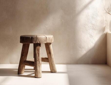A stool in front of a wall with a window photo