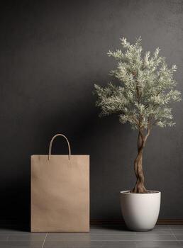 3d rendering of a paper bag and a potted tree in a room with a grey wall photo