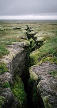 A crack in the ground that is covered in moss photo