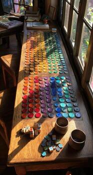 A table with many colored paint cans photo