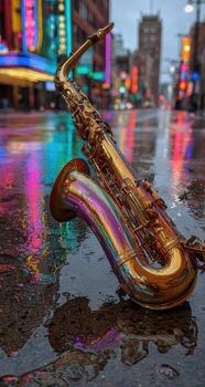 A saxophone sits on the wet ground in front of a city photo